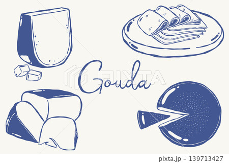 Gouda cheese pieces and Dutch dairy food illustration collection 139713427