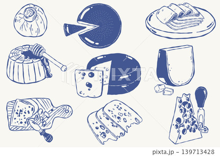 Hand drawn assorted cheese collection with dairy food sketches in rustic style Hand drawn assorted cheese collection with dairy food sketches in rustic style 139713428