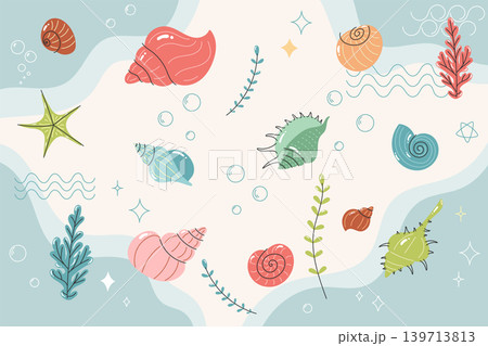 Marine decorative background with seashells coral and seaweed elements Marine decorative background with seashells coral and seaweed elements 139713813