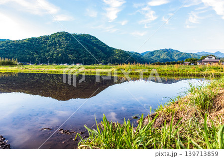 水を張った田植え前の水田に映り込んだ田舎の風景 水を張った田植え前の水田に映り込んだ田舎の風景 139713859