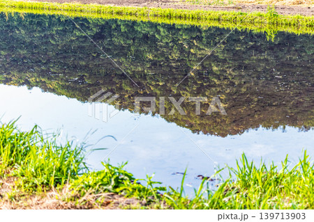 水を張った田植え前の水田に映り込んだ田舎の風景 水を張った田植え前の水田に映り込んだ田舎の風景 139713903