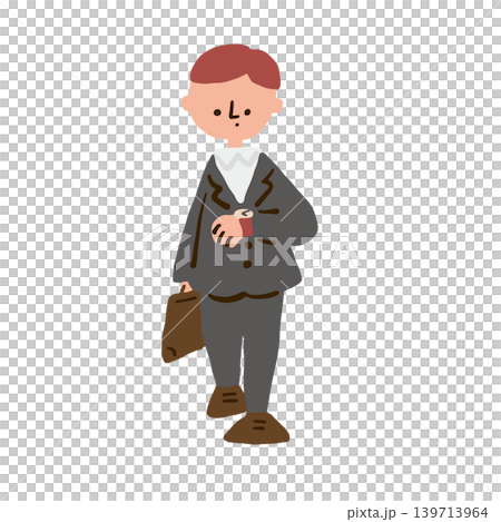 An illustration of a male office worker checking his watch and being concerned about the time. An illustration of a male office worker checking his watch and being concerned about the time. 139713964