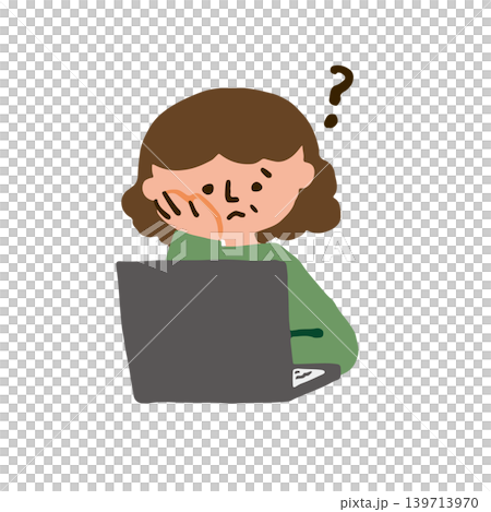 An illustration of an elderly woman struggling to use a computer. 139713970