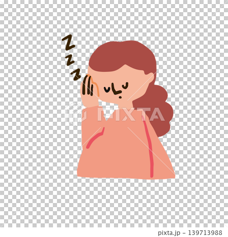 An illustration of a pregnant woman experiencing morning sickness and excessive sleepiness. 139713988