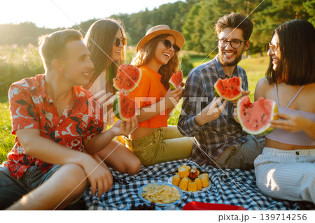 Group of people gathered in garden for picnic. Friends have fun and drink beer. Picnic, friendship. Group of people gathered in garden for picnic. Friends have fun and drink beer. Picnic, friendship. 139714256