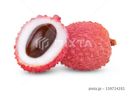 Isolated lychee and cut in half of pink lychee with seed on white. 139714281