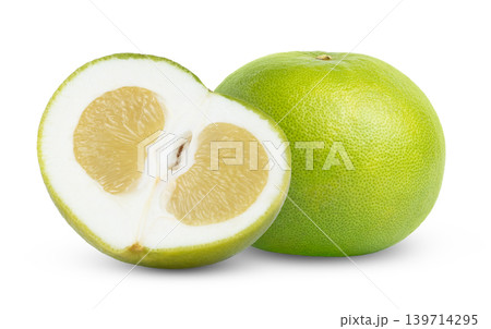Cut in a half of grapefruit citrus sweetie and whole sweetie grapefruit, pomelo, pomelit or oroblanco green citrus isolated. 139714295