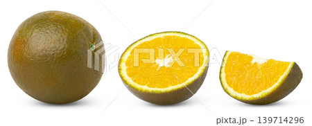 Chocolate navel orange and cut in half and slice of chocolate orange isolated collection, set. 139714296