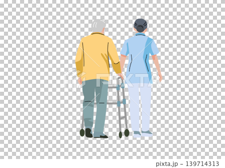 "Gentle Welfare and Care Vector Series": Elderly man using a walker and care staff "Gentle Welfare and Care Vector Series": Elderly man using a walker and care staff 139714313