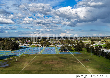 Aerial drone view of sports complex in Maitland Park, Maitland, New South Wales, Australia showing multiple playing fields and recreational facilities. Aerial drone view of sports complex in Maitland Park, Maitland, New South Wales, Australia showing multiple playing fields and recreational facilities. 139714494
