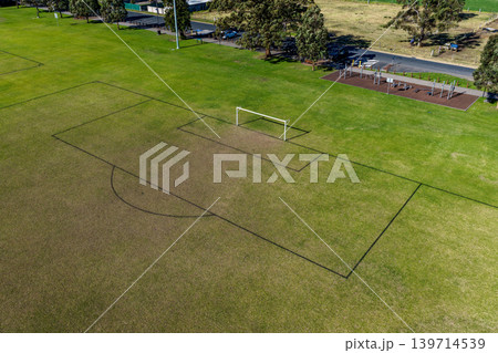 Aerial drone view of Maitland Park Sportsground showing green playing fields, athletics facilities and surrounding parkland in Maitland, New South Wales, Australia. Aerial drone view of Maitland Park Sportsground showing green playing fields, athletics facilities and surrounding parkland in Maitland, New South Wales, Australia. 139714539