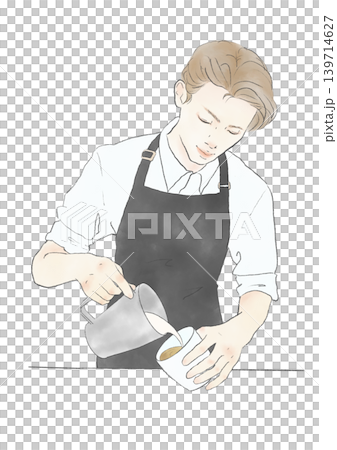 Watercolor-style illustration of a male barista pouring coffee (cafe employee) Watercolor-style illustration of a male barista pouring coffee (cafe employee) 139714627