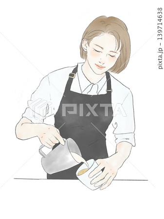コーヒーを注ぐ女性バリスタの水彩風イラスト　カフェスタッフ 139714638