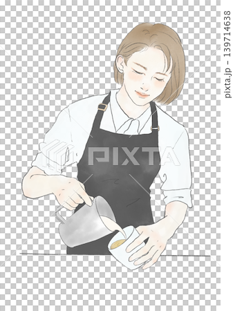 コーヒーを注ぐ女性バリスタの水彩風イラスト　カフェスタッフ 139714638
