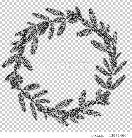 Christmas wreath made of fir trees, monochrome, round frame, transparent background. Christmas wreath made of fir trees, monochrome, round frame, transparent background. 139714664