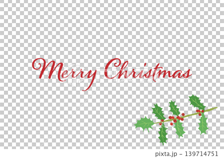 ヒイラギの枝装飾 メリークリスマスの横型カードテンプレート 背景透過 ヒイラギの枝装飾 メリークリスマスの横型カードテンプレート 背景透過 139714751