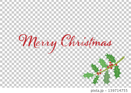 ヒイラギの枝装飾 メリークリスマスの横型カードテンプレート 背景透過 3 139714755