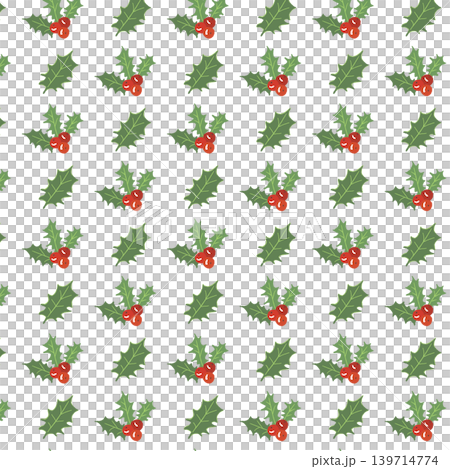 Seamless holly leaf pattern background, vertical and horizontal grid arrangement, Christmas material, transparent background. 139714774