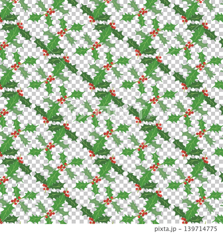 Dense diagonal seamless pattern background of holly branches - Christmas material - transparent background 139714775