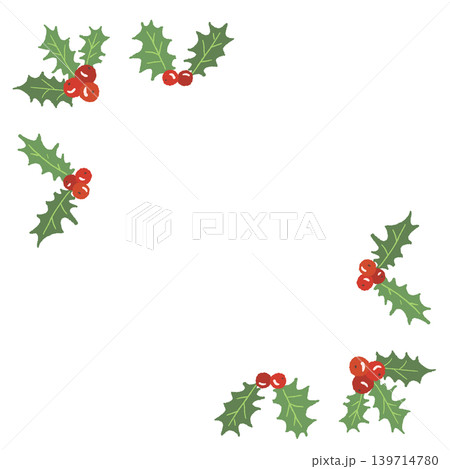 ヒイラギのクリスマスコーナーフレーム 角枠装飾 背景透過イラスト 139714780