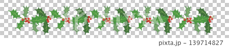 ヒイラギの葉の群生ラインボーダー装飾 クリスマス素材 背景透過イラスト 139714827