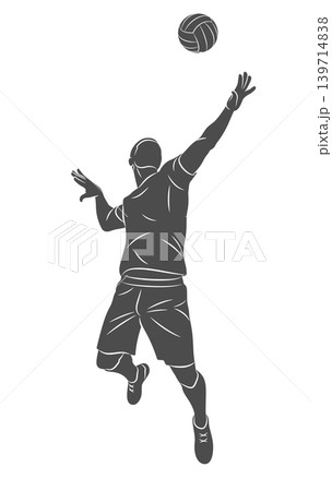 A silhouette of a volleyball player in a dynamic jump during a game. The athlete is depicted hitting or serving the ball overhead. Vector illustration A silhouette of a volleyball player in a dynamic jump during a game. The athlete is depicted hitting or serving the ball overhead. Vector illustration 139714838