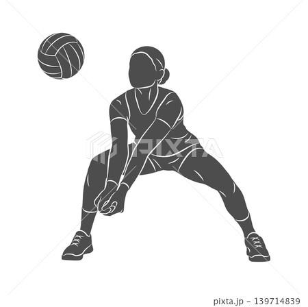 A silhouette of a female volleyball player in a defensive stance for a low return of the ball in volleyball, emphasizing her readiness to parry a serve or attacking shot. Vector illustration 139714839