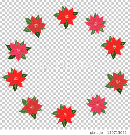 ポインセチアのリース 丸型フレームイラスト 赤い花 クリスマス素材 背景透過 139715051