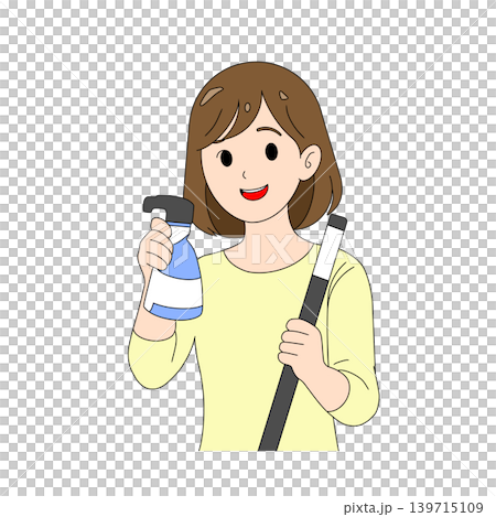Illustration of a woman holding cleaning supplies Illustration of a woman holding cleaning supplies 139715109