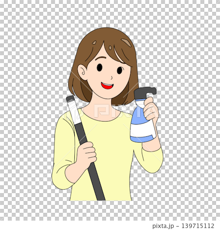 一位女士手持清潔用品的插圖 139715112