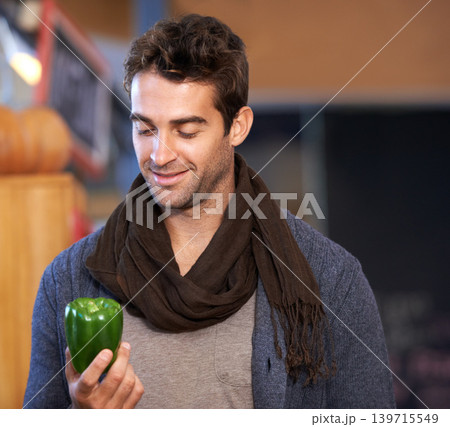 Pepper, food or man shopping at a supermarket for grocery promotions, sale or discounts deal. Smile, check or customer buying groceries for healthy nutrition, organic vegetables or diet with choice Pepper, food or man shopping at a supermarket for grocery promotions, sale or discounts deal. Smile, check or customer buying groceries for healthy nutrition, organic vegetables or diet with choice 139715549