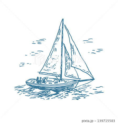 Hand Drawn Sailboat Sailing on Calm Sea Near Shore, Hand Drawn Vector Ink Illustration 139715583