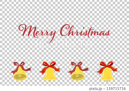 Horizontal Christmas card template with a red ribbon and bell bottom border decoration, transparent background. Horizontal Christmas card template with a red ribbon and bell bottom border decoration, transparent background. 139715716