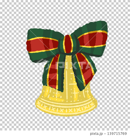 A single illustration of a bell with a green striped ribbon pattern, transparent background. A single illustration of a bell with a green striped ribbon pattern, transparent background. 139715769