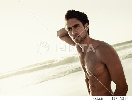 Beach, muscular body and man think about outdoor wellness, fresh air and nature on travel holiday in Argentina. Mockup space, ocean and shirtless person on vacation looking at tropical destination Beach, muscular body and man think about outdoor wellness, fresh air and nature on travel holiday in Argentina. Mockup space, ocean and shirtless person on vacation looking at tropical destination 139715855