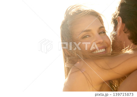Woman, portrait and hug man on outdoor vacation for happy embrace, summer or windy. Couple, mockup space and love connection for peaceful smile on holiday trip for bonding, environment or adventure Woman, portrait and hug man on outdoor vacation for happy embrace, summer or windy. Couple, mockup space and love connection for peaceful smile on holiday trip for bonding, environment or adventure 139715873
