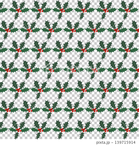 經典的無縫圖案背景插圖，描繪了冬青和紅色漿果。透明背景。 139715914