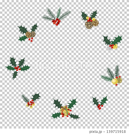 クリスマスオーナメントと柊のリース 丸型フレームイラスト 背景透過 139715918