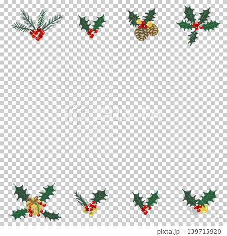 Christmas ornament and holly top and bottom border frame decoration illustration with transparent background 139715920