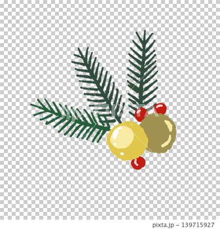 Pine branch and ornament decoration (single illustration, transparent background) 139715927