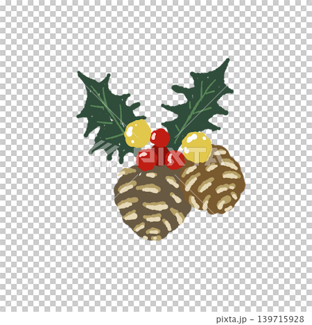 Holly, pine cone, and ornament decoration (single illustration, transparent background) 139715928