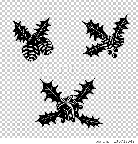 A monochrome mixed illustration set of Christmas decorations (holly, pine cones, presents) with transparent background. A monochrome mixed illustration set of Christmas decorations (holly, pine cones, presents) with transparent background. 139715948