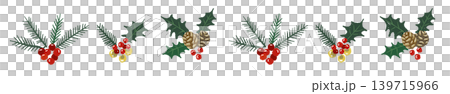 Illustration of a mixed line border decoration with holly, pine branches, and red berries. Transparent background. 139715966