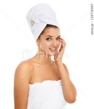 Shower, towel or hand on face of woman in studio for wellness, skincare or pamper on white background. Portrait, smile or model with body care, cleaning or cosmetic, routine or treatment results Shower, towel or hand on face of woman in studio for wellness, skincare or pamper on white background. Portrait, smile or model with body care, cleaning or cosmetic, routine or treatment results 139716007