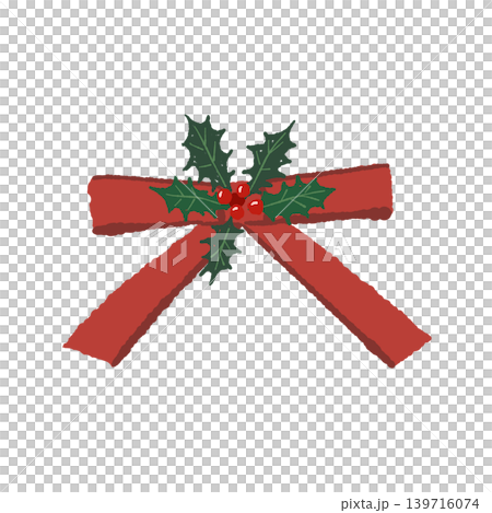 Simple red ribbon with holly leaves (single illustration, transparent background) Simple red ribbon with holly leaves (single illustration, transparent background) 139716074