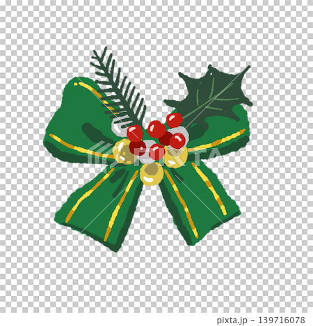 Solo illustration of a green ribbon with holly and ornaments, transparent background. Solo illustration of a green ribbon with holly and ornaments, transparent background. 139716078