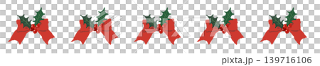 A luxurious red striped ribbon line border decoration with holly and ornaments. 139716106