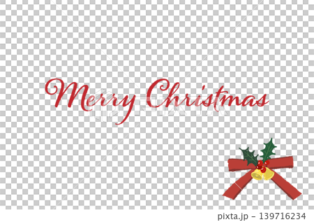 Holly, luxurious red ribbon, and two bells corner decoration. Horizontal Christmas card template with transparent background. Holly, luxurious red ribbon, and two bells corner decoration. Horizontal Christmas card template with transparent background. 139716234
