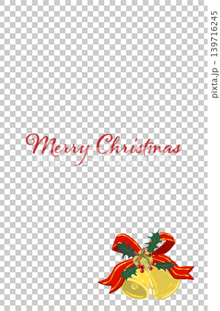 Holly, luxurious green striped ribbon, and two bell corner decorations - Vertical Christmas card template Holly, luxurious green striped ribbon, and two bell corner decorations - Vertical Christmas card template 139716245