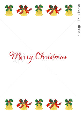 豪華な緑ストライプ柄リボンと柄入りベルのコーナー装飾 縦型クリスマスカードテンプレート 139716256